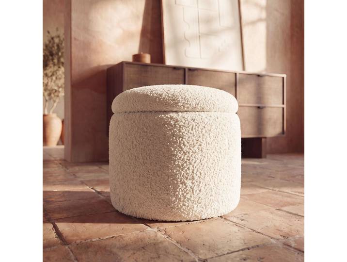 Sitzpouf aus Bouclé-Stoff mit Stauraum, ecrufarben