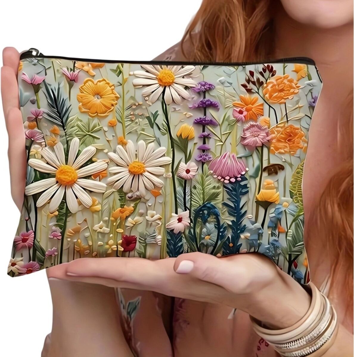 INF Canvas-Kosmetiktasche mit 2D-Digitaldruck, floraler Stickerei-Optik und geräumigem erweiterbarem Stauraum