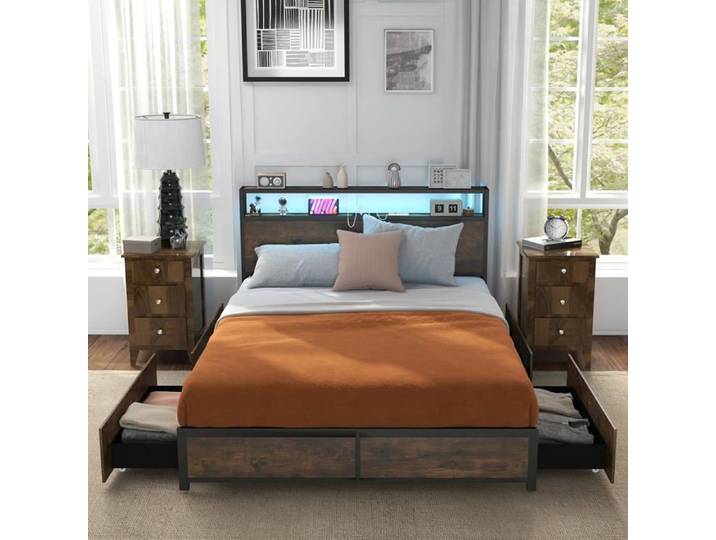 GOPLUS Cadre de Lit Double 140x200cm avec LED-avec Tiroirs/Station de Charge(Type C Inclus)-3 Mode Lumières Contrôle APP Voix