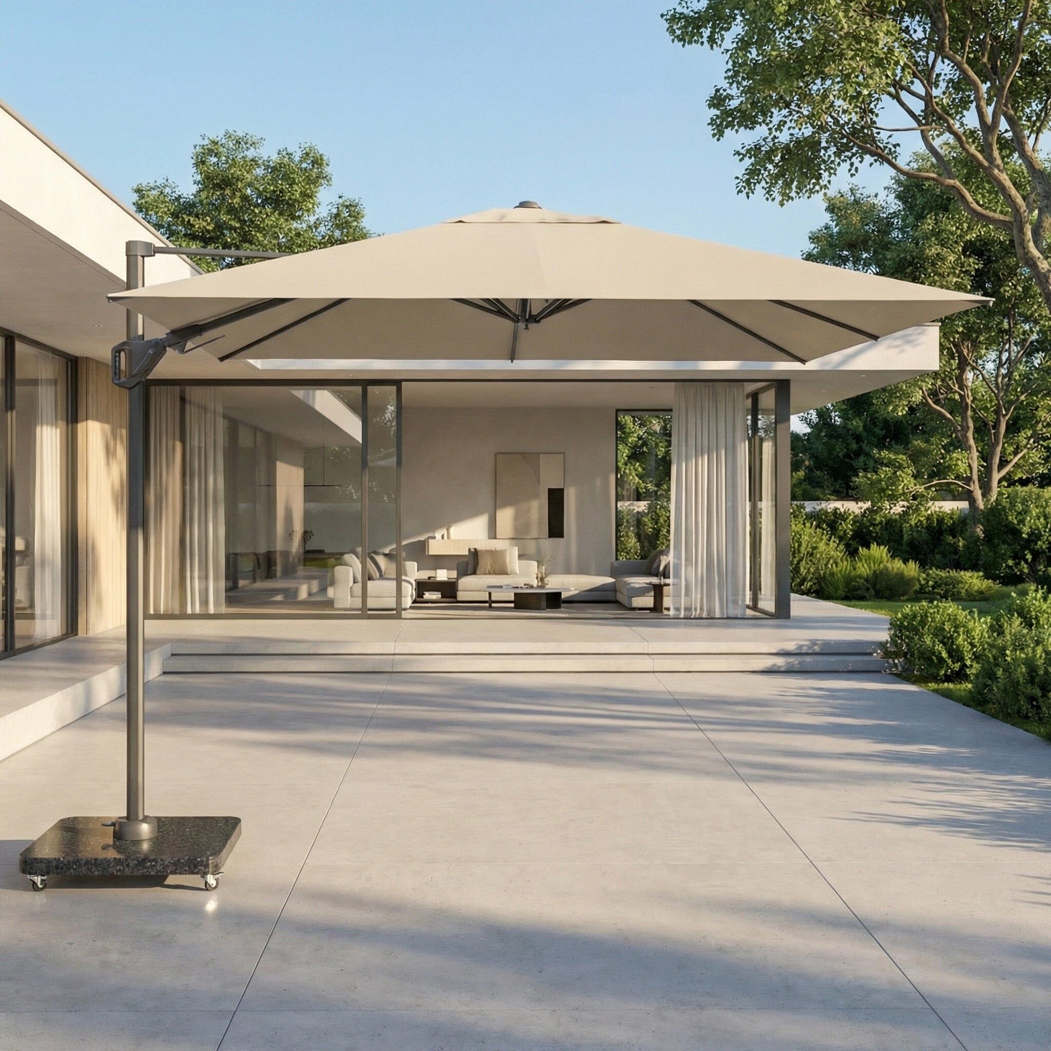 Pacific Lifestyle Voyager T2 2.7m Square Cantilever Parasol in Champagne with 90kg Granite Base