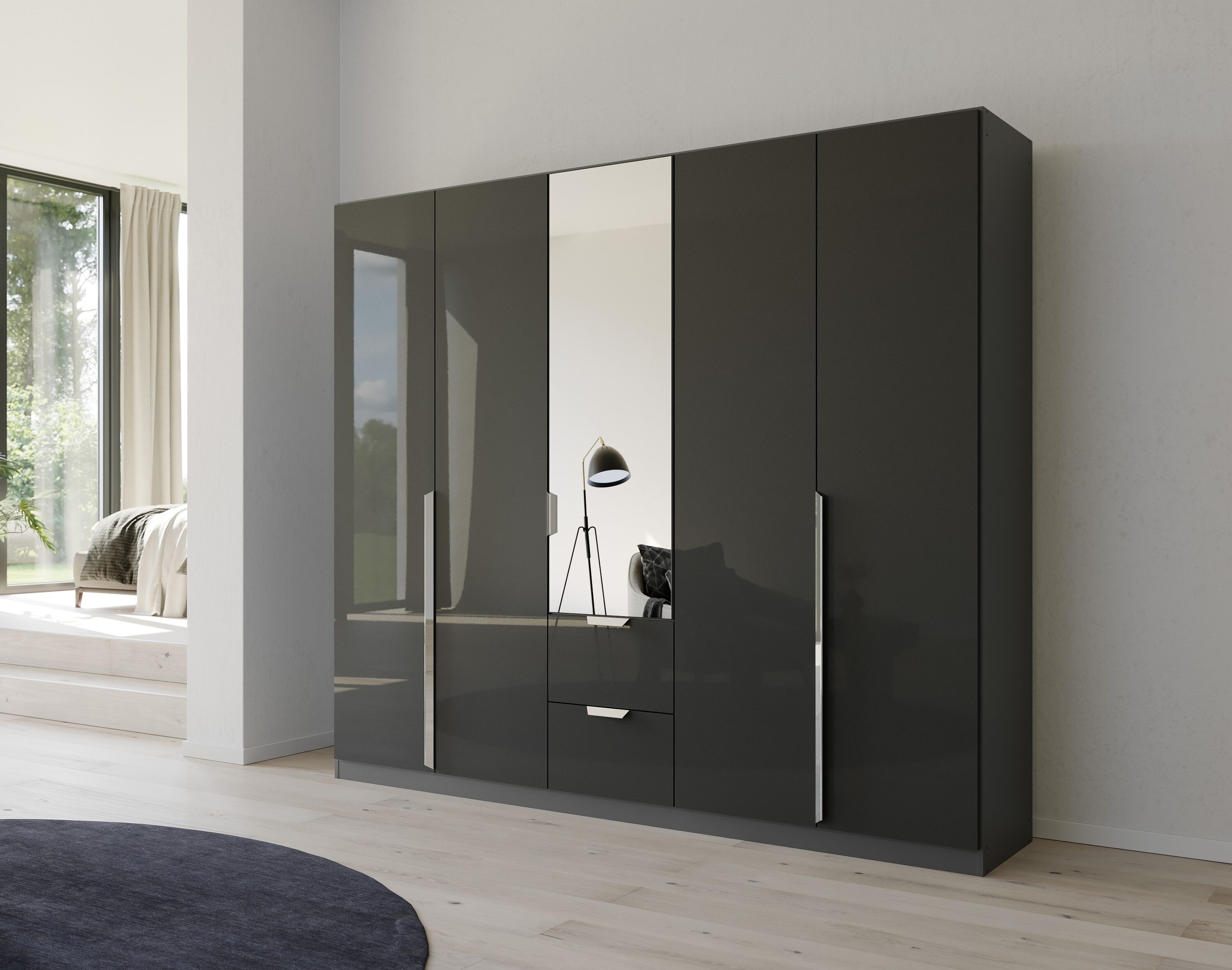 Drehtürenschrank RAUCH "Kleiderschrank Schrank Garderobe Ankleide GLAMOUR BY QUADRA SPIN", grau (graumetallic, hochglanz effektgrau), B:226cm H:210cm T:54cm, Holzwerkstoff, Schränke, Drehtürenschrank, mit Spiegel und Hochglanz-Front, Stangengriff MADE IN 