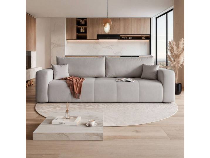 Canapé Convertible PEDRO - 3 places - Coffre de rangement - Tissu Velours - Gris clair