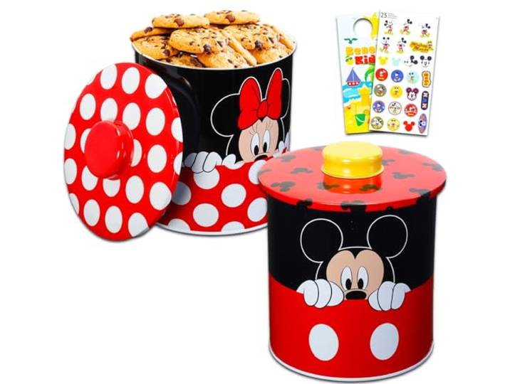 Disney Mickey und Minnie Keksdosen-Set – Bundle mit 2 Micky Maus und Minnie Maus Blechdosen mit Deckel für Snacks, Kekse, Badezimmer-Essentials, mehr plus Aufkleber, Küchenzubehör