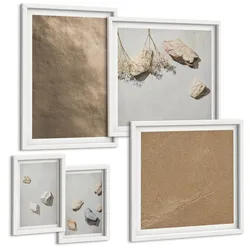 BILDER SET 5er Set - 50x50 cm & 20x30 cm & 40x60 cm Weißer Rahmen - Strandsteine natürliche Strukturen