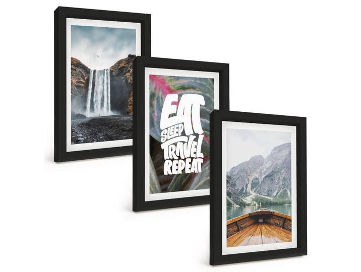 Tulup Bilder SET 3er Set - 20x30 cm Schwarzer Rahmen - Wasserfall Berge Natur Boot, Kunststoff, Rechteckig, 20x30 cm, gerahmt, Bilder & Rahmen, Bilder