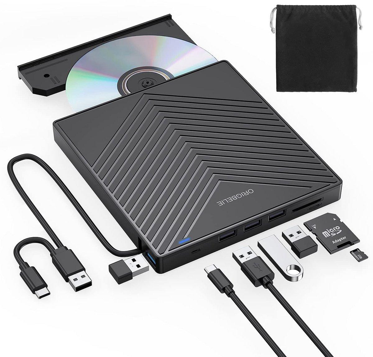 Minicee 8-in-1 Externe CD/DVD-brander met USB 3.0/Type-C hub en kaartlezer