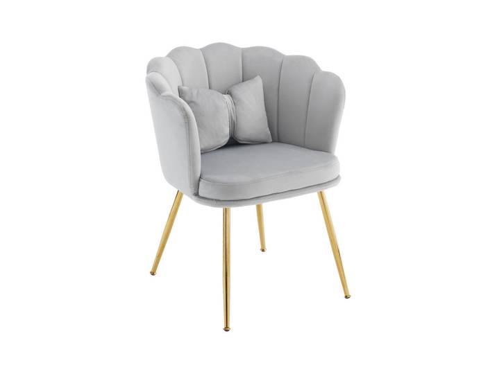 Flieks Sessel Samt Polster Blütenblatt-Rückenlehne mit Goldfüßen & Kissen Grau, Holz, 62x43x54 cm, Esszimmer, Stühle, Armlehnstühle