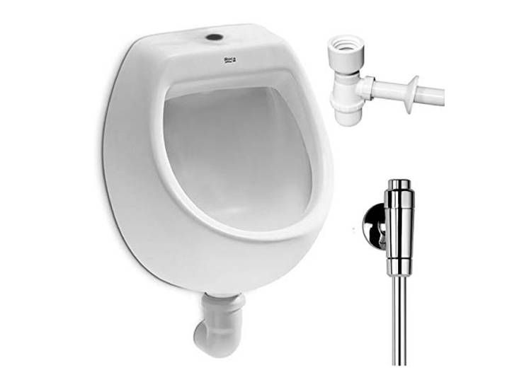 VBChome Urinal Roca Zulauf Oben Weiß Modern Hochwertig Keramik Pinkelbecken senkrecht Pissoir Mini + Spülventil Urinalspüler Druckspüler Schellomat + Siphon Flaschensiphon