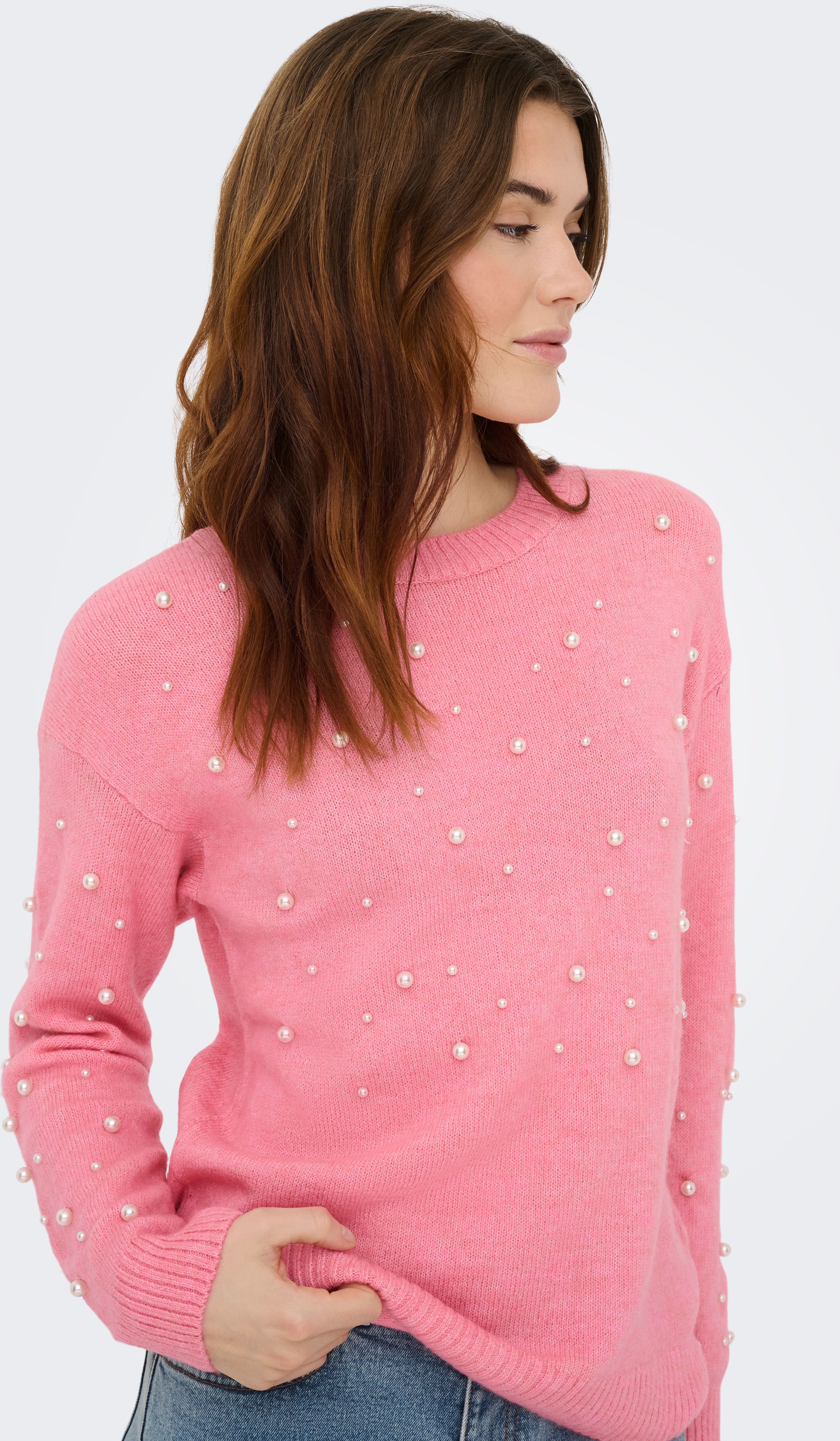 Rundhalspullover ONLY "ONLEMBLA LS O-NECK PEARL EX KNT", Damen, Gr. L, rosa (geranium pink detail:melange), Strick, Obermaterial: 67% Polyacryl, 33% Polyester, meliert, normal, Rundhals, Bündchen, Pullover Rundhalspullover geranium pink detail:melange L