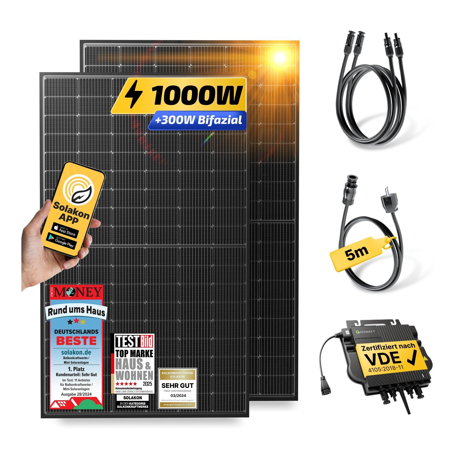 Balkonkraftwerk 1000W/800W Solaranlage Steckerfertig WIFI Komplettset Photovoltaik Anlage 800W, Kabellänge: 5m