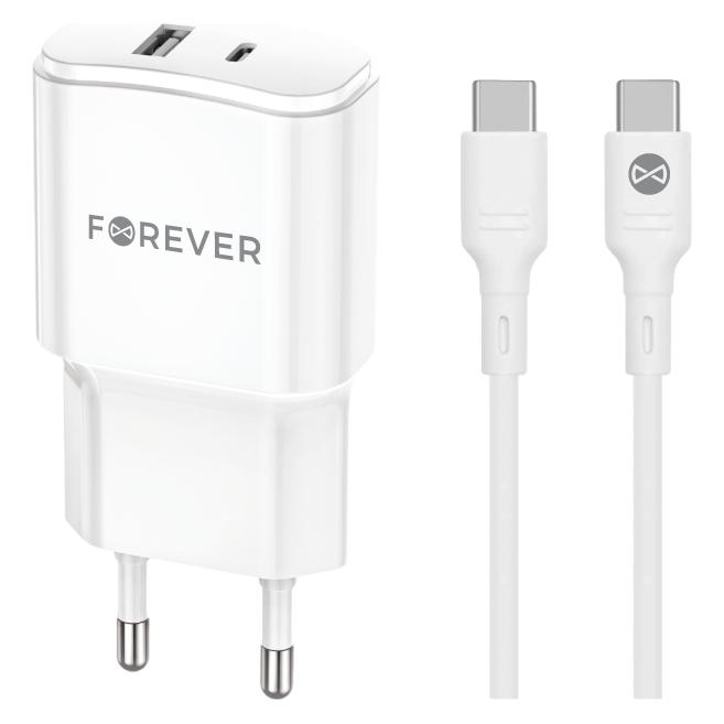 Forever TC-01-20AC PD QC Ladegerät 1x USB-C 1x USB 20W weiss + USB-C - USB-C Kabel 20W (20 W, 2 Ports) (47049957)