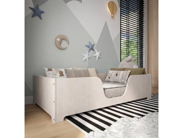OSONO DIBBA Fort S Kinderbett 140x200 cm aus Naturholz Modernes Montessori Bodenbett aus Buchenholz mit sicherem Rausfallschutz & Lattenrost