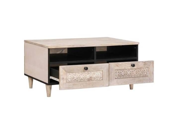 Couchtisch Weiß 80 x 54 x 40 cm Holz aus Mango Massivholz Mangoholz, Verbundholz, 2 Schubladen, schwarze Knöpfe, rechteckig, Wohnzimmer, Minimalismus