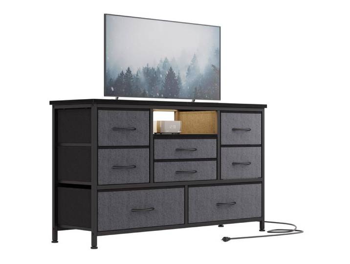 Commode TV 8 tiroirs LED gris prises courant télévision 55in salon entrée