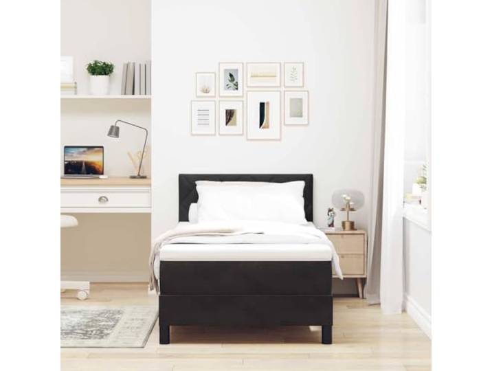 KTHLBRH Boxspringbett Samt Schwarz 90 x 190 cm Kopfteil aus Kunstleder, Rahmen mit festen Latten, zeitgenössisches Design, robuste Struktur