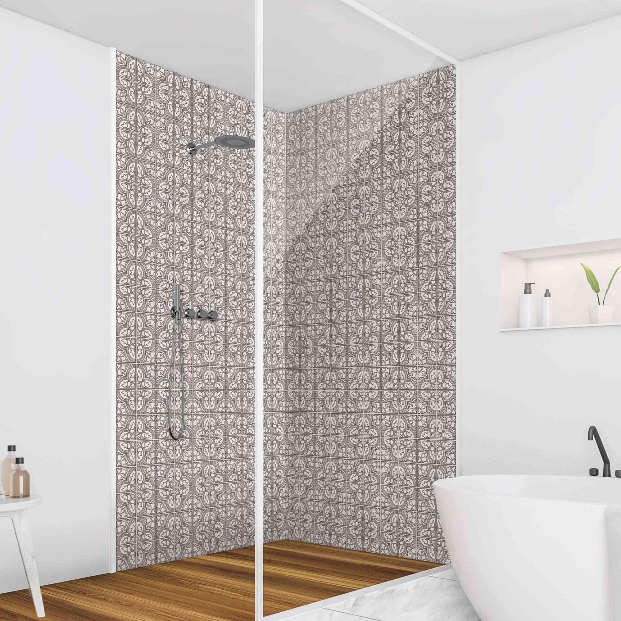 Duschrückwand mit Motiv selbstklebend - 0.61 mm Wandpaneel wasserfest Design grau Fliesenoptik Illustration Badrückwand fugenlos Premium matt 90x200 cm