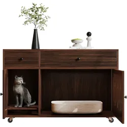 Katzenkloschrank 100x45x66 MDF Sideboard Katzenstreu Aufbewahrung Sandauffangplatte Rollen Nussbaum Design Modern