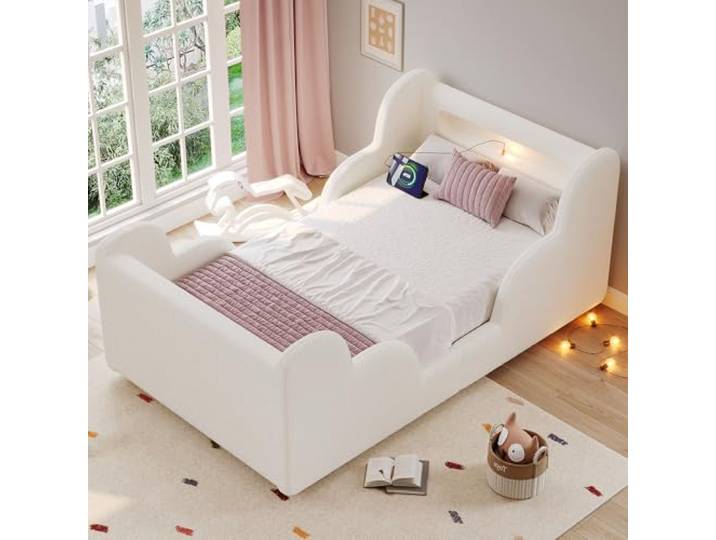 Merax Kinderbett 90x200 cm, Polsterbett Einzelbett mit gepolsterten Schutzgeländern, Nachtlicht & USB-C Ladung, Ablagefächern, Massivholzbeinen, Bouclé, Beige (ohne Matratze)