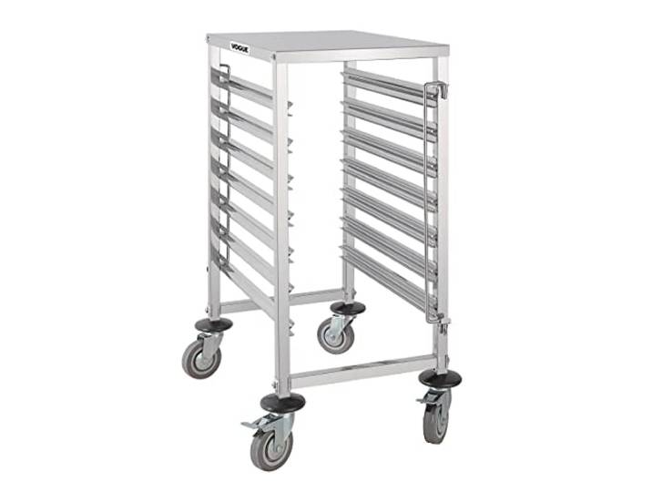 Vogue Gastronorm-Regalwagen mit 7 Ebenen, Edelstahl, fasst bis zu 7 x 1/1 GN-Tabletts, Größe: 900x380x557 mm, Lebensmittelregal, gebremste Rollen – passend für 1/1, 1/2, 1/3, 2/3 GN-Tabletts, GG498