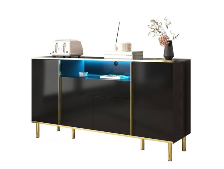 ROVRYN Buffet bas 150 x 40 x 80 cm noir brillant avec LED 4 portes 1 tiroir et détails dorés