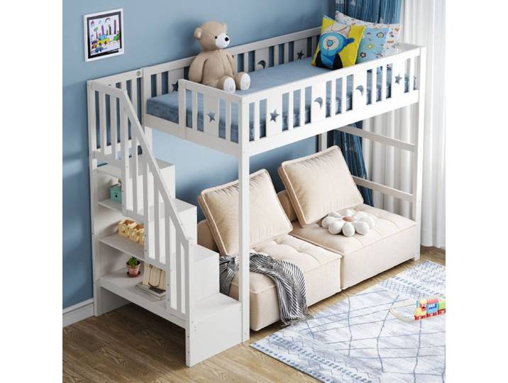Lit Mezzanine Enfant 90x200 cm avec éChelle Lit Simple avec BarrièRes de SéCurité Lit Enfant Rembourré en Bois Massif. Blanc
