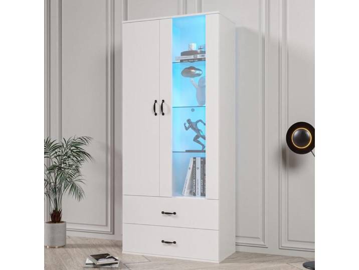 Vitrine éclairée par LED 16 couleurs 2 portes 2 tiroirs avec portes vitrées Vitrine LED armoire buffet Blanc