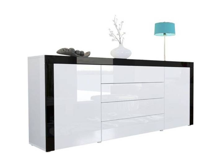 Vladon Buffet commode La Paz en Blanc haute brillance - Blanc haute brillance - Noir haute brillance