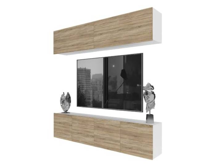 Belini Milano 6 Wohnwand Schrankwand TV-Schrank 200cm Sonoma Eiche Matt Wohnwand mit grifflosem System, weiße Korpusse, DECOR ECONATURA kratzfest, Gasliftsystem, Wandmontage, Anbauwand, TV-Möbel