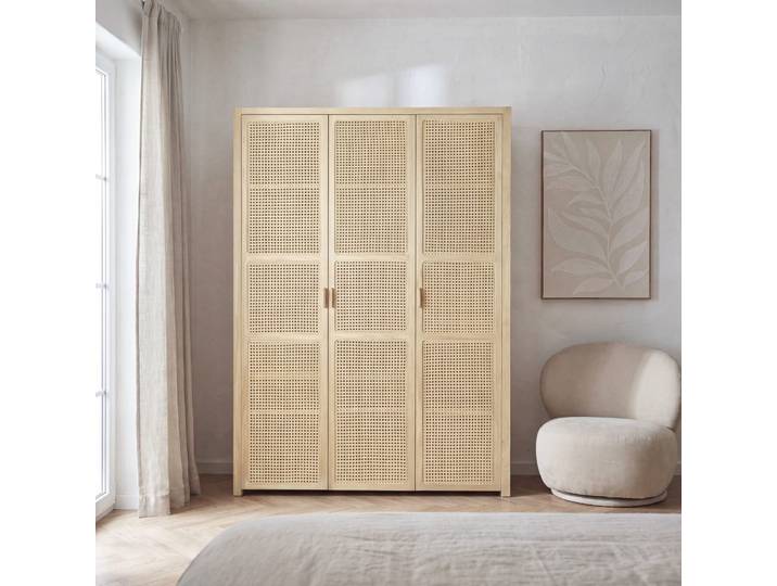 3-türiger Kleiderschrank mit Rattanbespannung, B 135 cm
