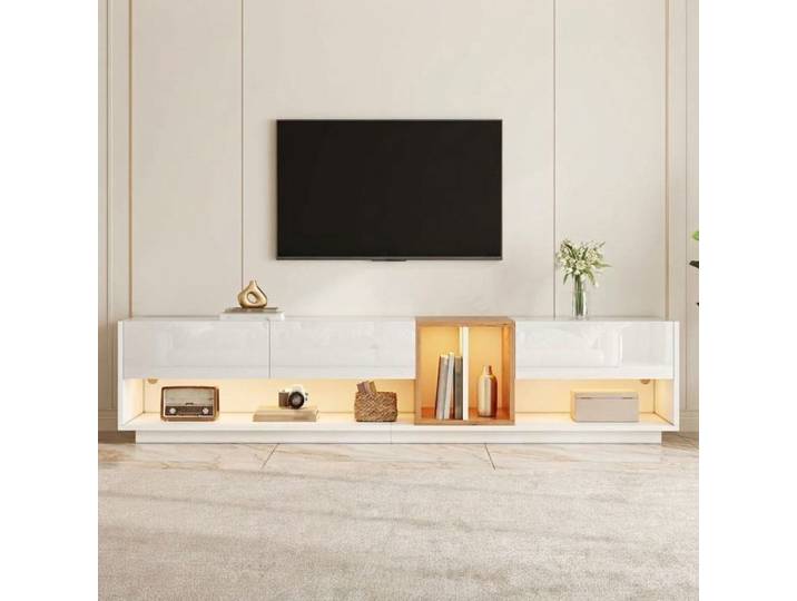 Norevia Meuble TV Blanc Brillant 190 cm avec LED Banc TV avec Rangements