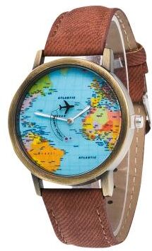 ModernMart World Map Denim Strap Watch Casual Quartz Travel Wristwatch For Men And Women brown