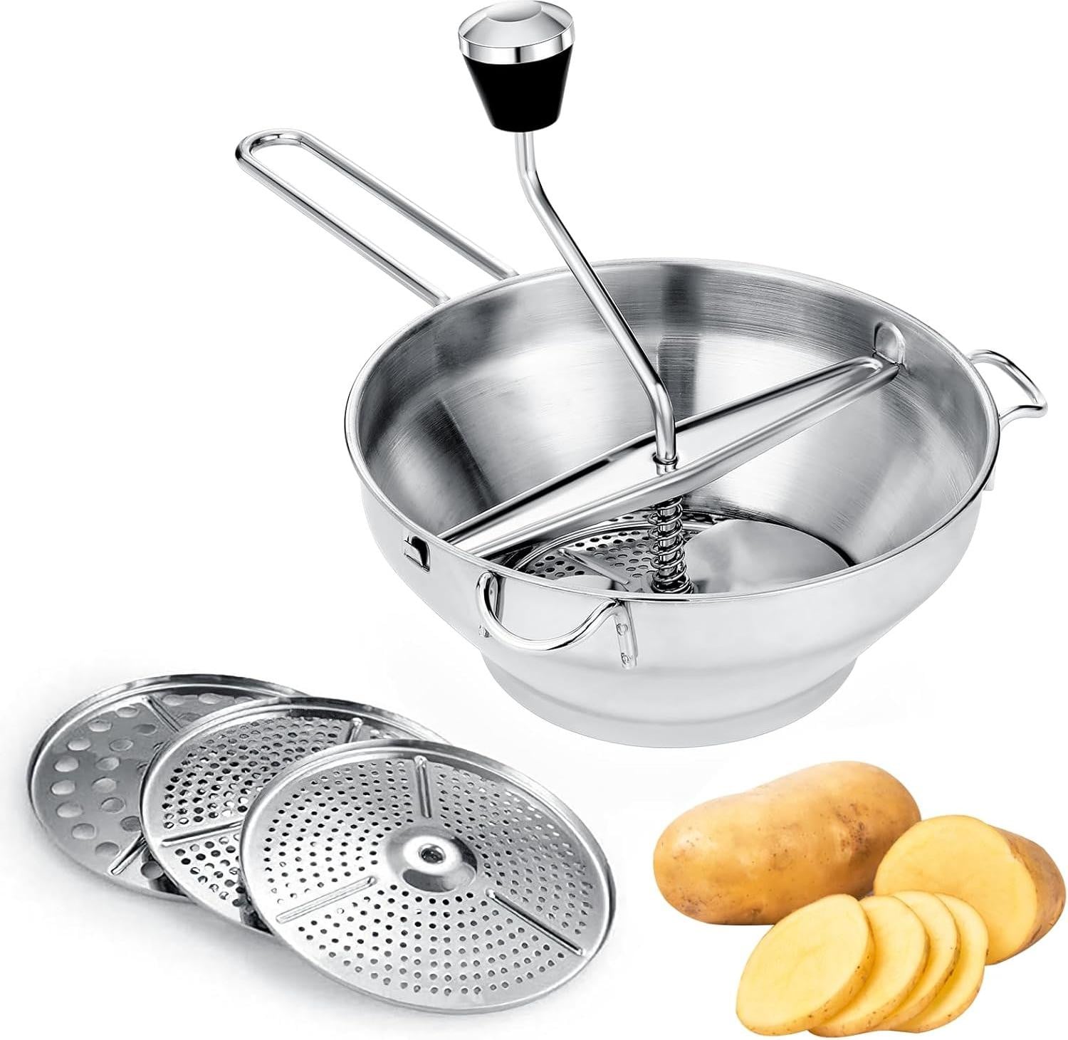 Ronde aardappel- en groentemolen van roestvrij staal met ergonomische antislipgreep, zilver