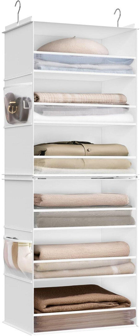 17 Stories Hanging Wardrobe Organiser, 6-Tier Fabric Storage Shelf, Separable Closet Hanging Shelf With Side Pockets, Foldable, Metal Hooks And Bamboo Inserts Dove Grey 133cm H X 40cm W X 30cm D