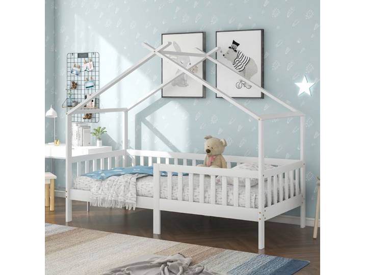Lit Cabane Enfant 90x200cm Bois Pin Massif Blanc Avec Barrières - Lit Enfant - Design Maison Toit Triangle FSC Sécurisé Sans Matelas