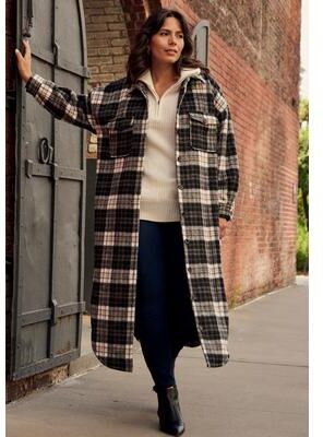 Plus Size Women's Brushed Long Shirt Jacket by Avenue in Black Brushed Plaid (Size 20)