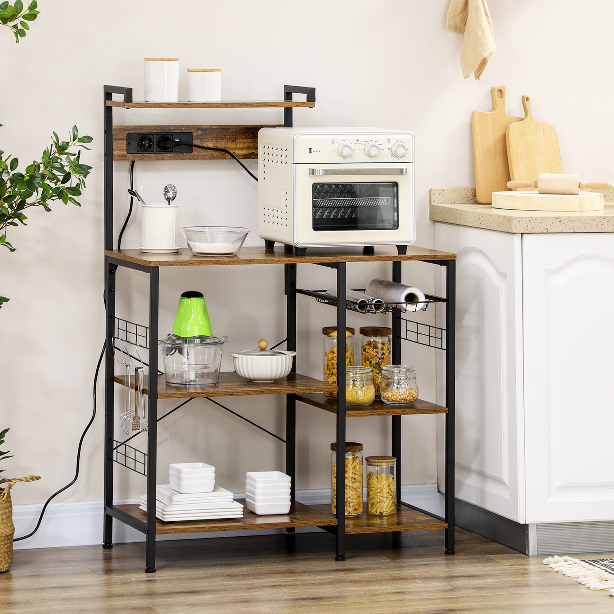 Homcom Scaffale Cucina Multipresa per Microonde con Ripiani e Cestino a Rete, 90x42x130cm, Marrone