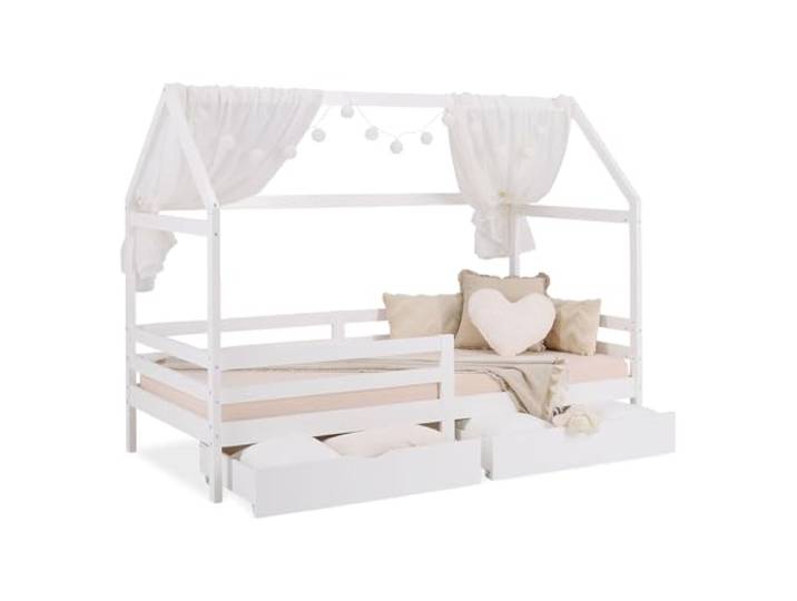 Homestyle4u Bodenbett Kinderbett 90x200 mit Rausfallschutz Stauraum Lattenrost Weiß, Massivholz Kiefer, Montessori Hausbett mit 2 Schubladen Kinderzimmer Artikel 2522
