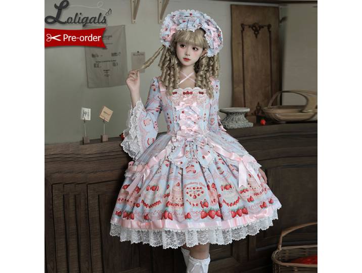 Précommande Robe Lolita OP Vintage Imprimée Fraise à Manches Longues Évasées ~ Dessert Master par Twin Bear