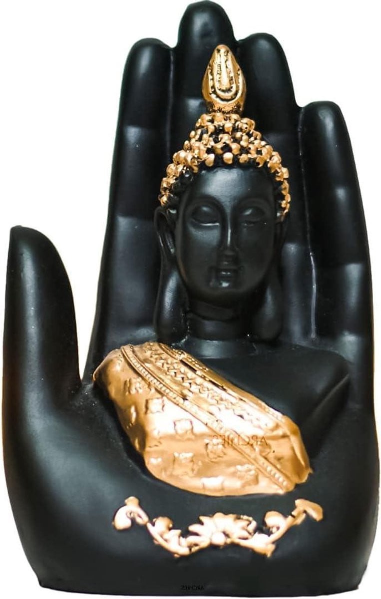 Buddha Hand Beeld Decoratie Zwart Goud Hoogte: 15,5 cm