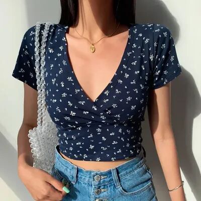 Lush Living Finds Floral Cross V Neck Crop Top For Women Slim Fit Summer Tees a m