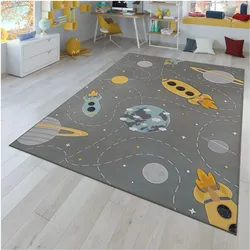 TT Home, Spielteppich + Spielmatte, Kinderzimmerteppich Teppich Kinderteppich Rutschfest Planeten Sterne Raketen (200 x 200 cm)