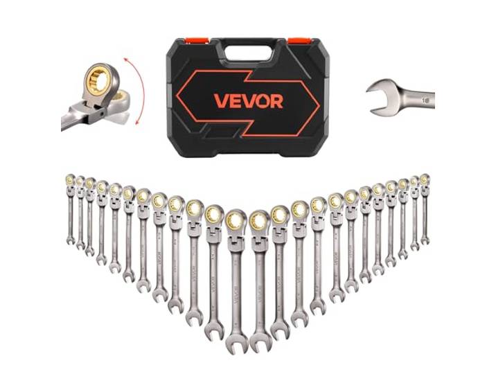VEVOR 24-delige ratelsleutelset met 180° flexibele kop, anti-slip tand, combinatiesleutelsets met organizerdoos, metrisch 8-19 mm & SAE 1/4-7/8 inch, vernikkeld