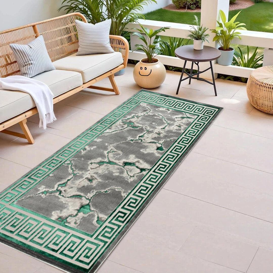 17 Stories Abstract Kilim Area Rug Emerald Runner 60 x 220 cm