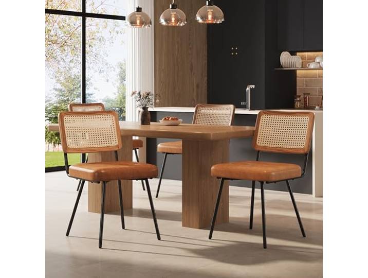 Merax Esszimmerstühle 4er Set Rattan Stuhl Polsterstuhl Retro Beige Ergonomischer Esszimmerstuhl mit PE-Rattan Rückenlehne, weichem Sitzkissen und stabilem Metallgestell für Wohnbereich