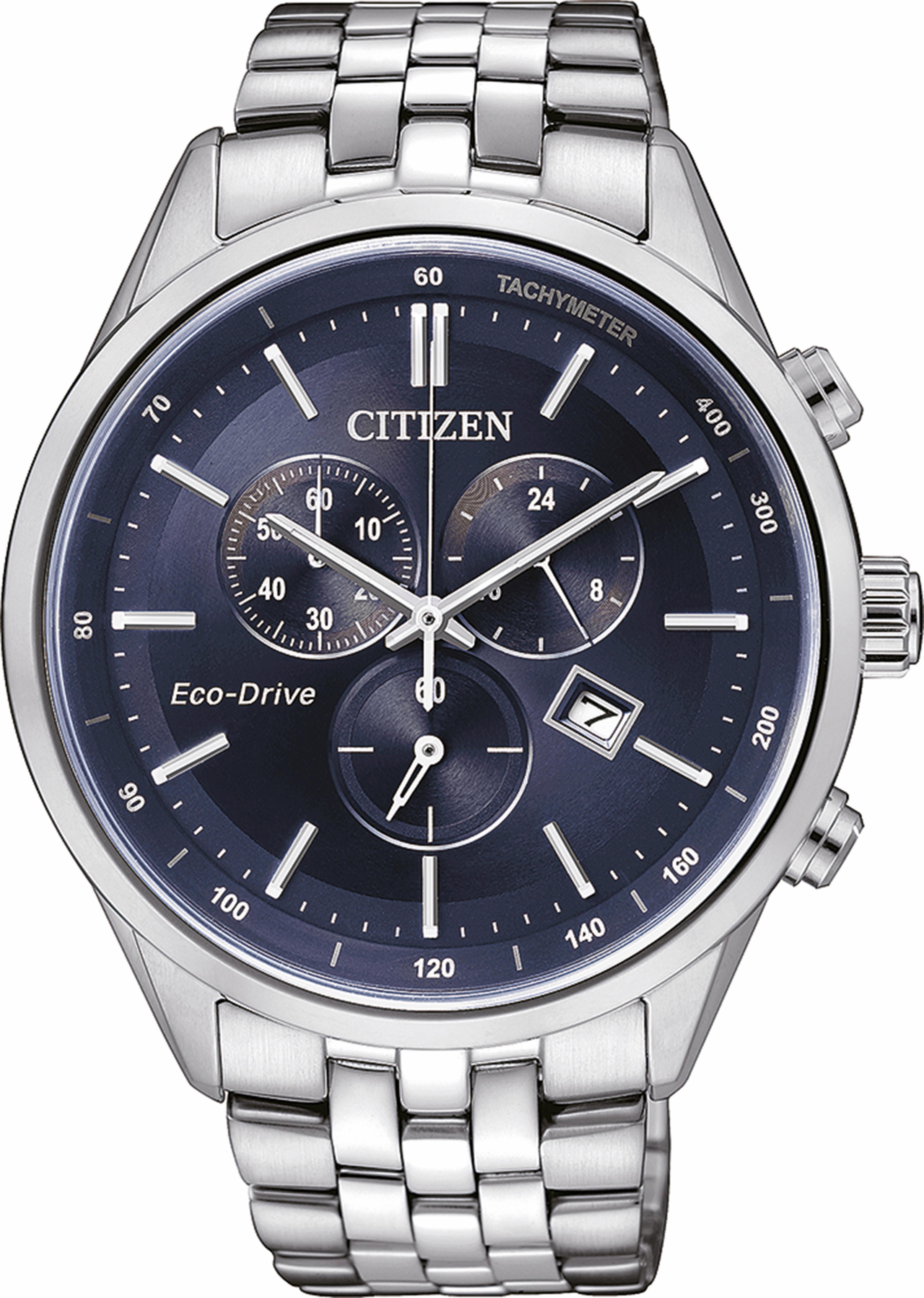 Chronograph CITIZEN, silber (silberfarben, dunkelblau, dunkelblau), Armbanduhren, Herren, silberfarben, Chronograph, Armbanduhr, Herrenuhr, Solar, Stoppfunktion, Edelstahlarmband silberfarben, dunkelblau, dunkelblau silberfarben