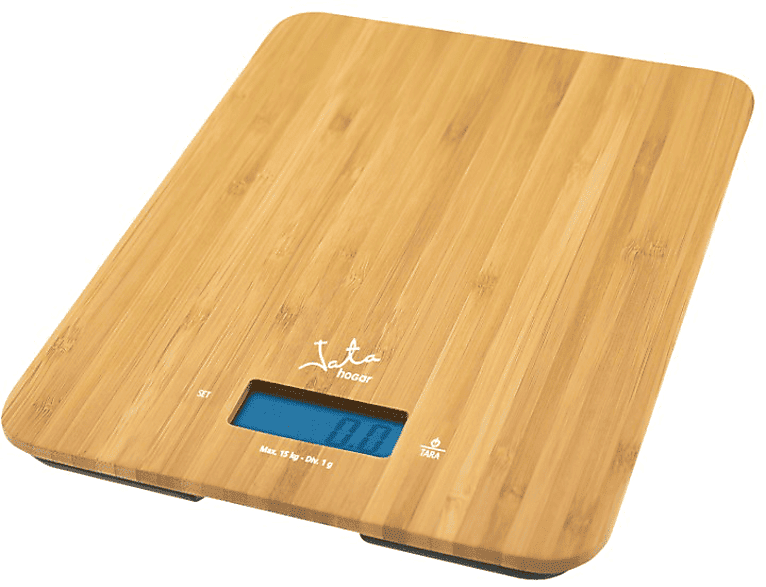 Balanza de cocina - Jata Hogar MOD. 720, Peso máximo 15 kg, Pantalla LCD, Función temporizador, Bambú