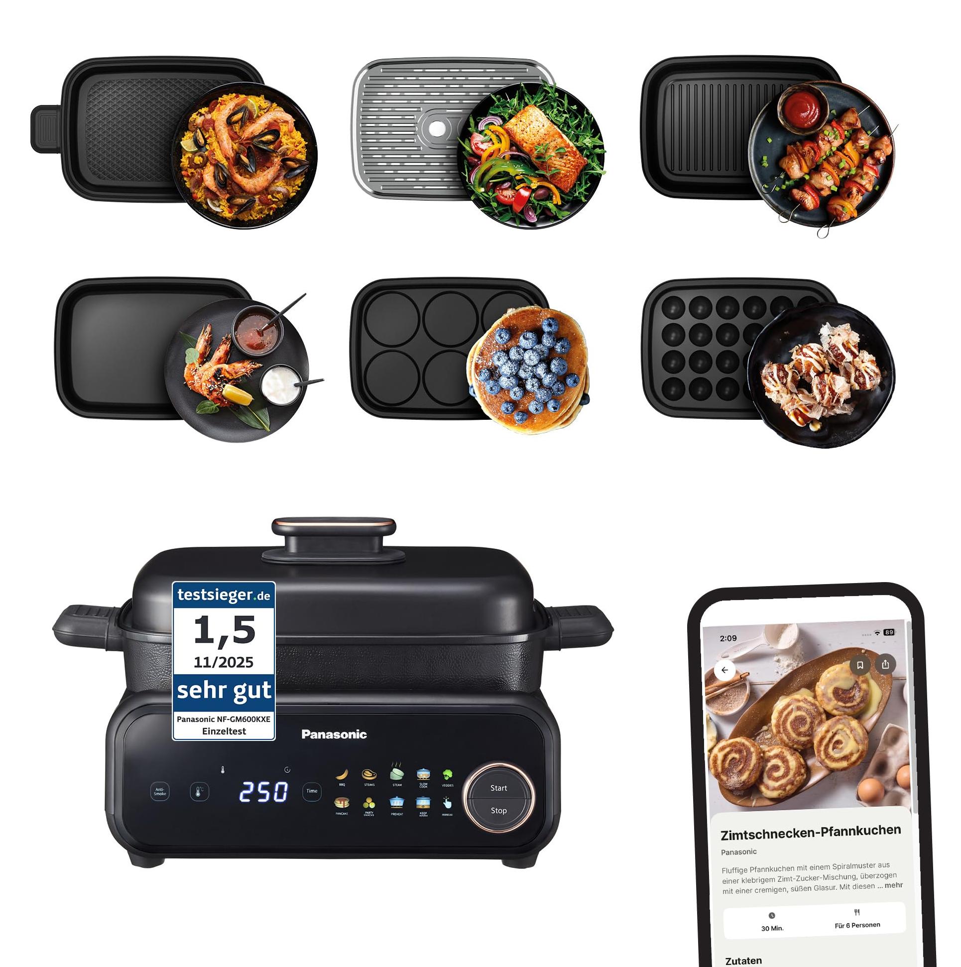 Panasonic NF-GM600 6-in-1 Elektro-Multikocher, Elektro Tischgrill, 1.5, Plancha,