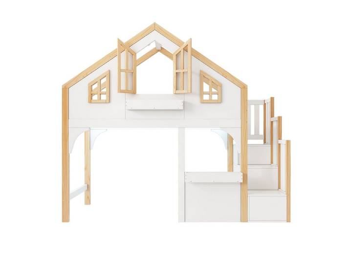 MODFU Hochbett 90x200 cm Sicheres Etagenbett mit integrierter Stauraumtreppe (Packung, 2-St., Ein robustes und durchdachtes Bett fürs Kinderzimmer) mit Fenster-Form, LED-Beleuchtung (mit 1 Matratze)
