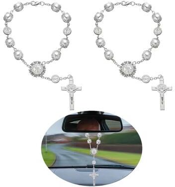 Inspired Finds Retro Pearl Cross Car Hanging Ornament Elegant Rearview Mirror Car Charm 2pc