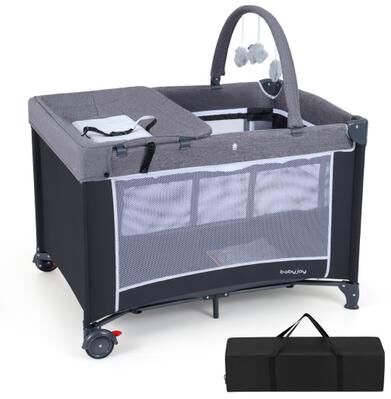 Costway 3-in-1 Portable Baby Crib and Playpen with Changing Table-Gray